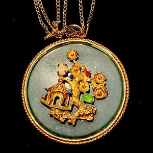 Asian style pendant with chain opal, jade, vintage
